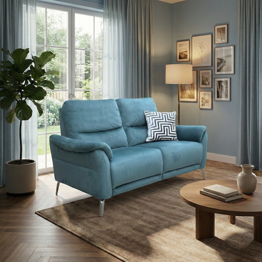Living Room of the Daytona teal velvet sofa in a contemporary living room, highlighting its rich jewel-toned fabric and sophisticated silhouette.