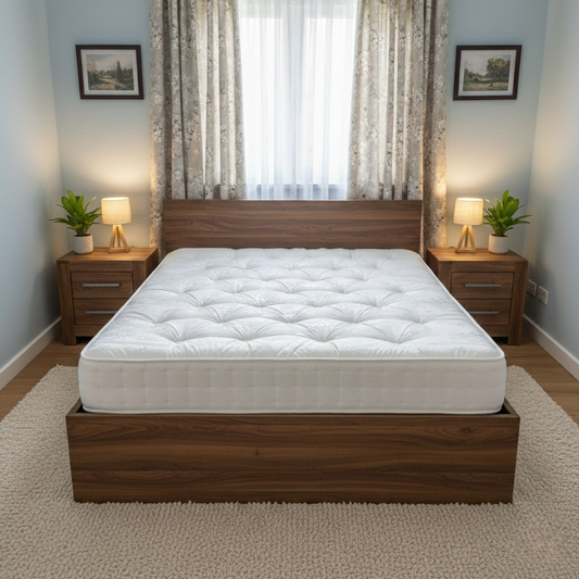 Lifestyle photo of the Super King mattress, highlighting the luxury comfort layers and natural fibres for a cloud-like feel.