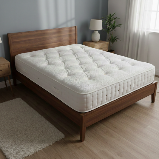 Lifestyle photo of the Silentnight Super King mattress on a bed frame, highlighting its premium quilted top and supportive depth.