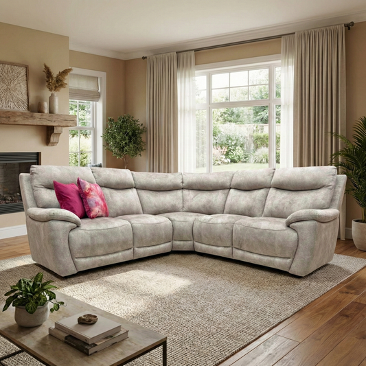 Lifestyle shot of the Sloane Charcoal Grey corner sofa, showcasing its elegant marble-effect velvet texture in a contemporary living room.