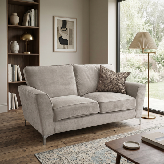 Living room view of the Legend Kingston Silver sofa, highlighting the symmetrical two-cushion seating and the modern, tailored look of the light grey upholstery.