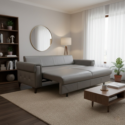 Living Room of the grey leather 3-seater sofa, showing its contemporary silhouette and clean lines.