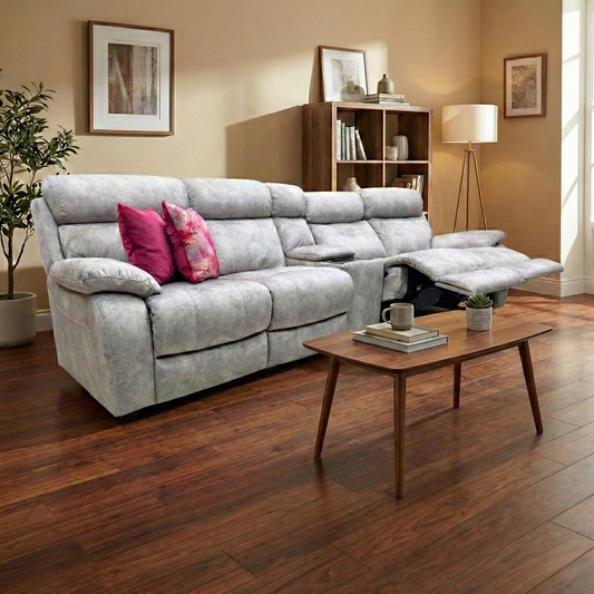 Living Room of the Komodo ocean blue leather sofa, highlighting its bucket seat design and contemporary style.