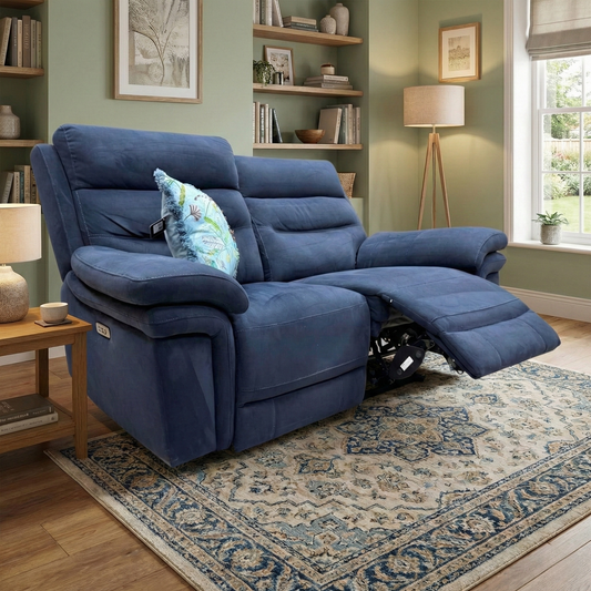Living Room of the Berlin navy velvet 2-seater sofa, showcasing the plush fabric and modern design.