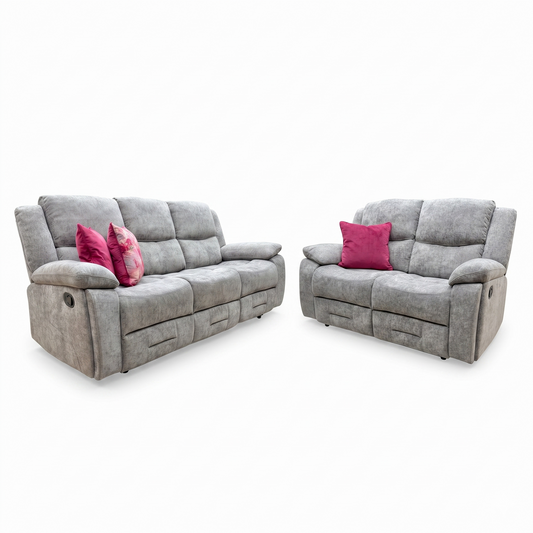 Full View ‘Weston’ contemporary living room suite, featuring a 3-seater and 2-seater manual recliner sofa set upholstered in a durable Mocha tight-weave fabric.
