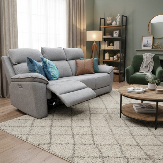 Living Room of the greige Blaine sofa, showing the generous seating area and sophisticated neutral upholstery.