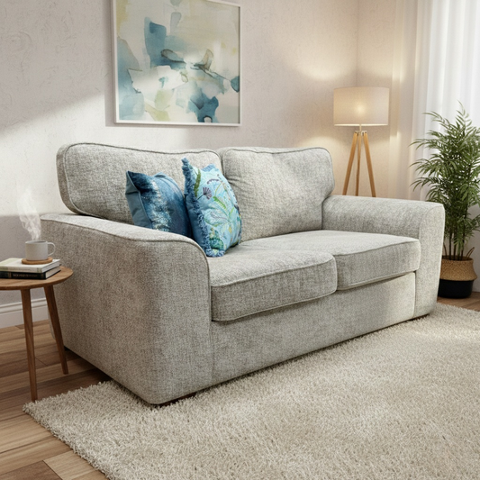 Living Room of the silver fabric Emilia sofa, showing its compact profile and modern silhouette.