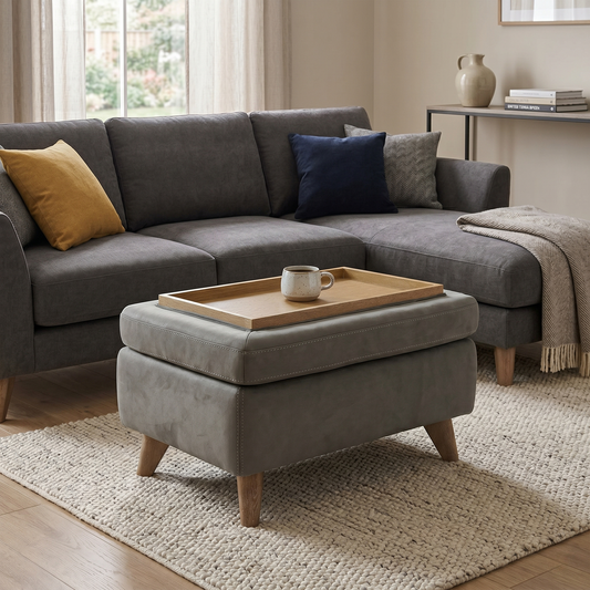 Lifestyle view of the Malmo Olive storage footstool in a modern living room, styled as a central coffee table.
