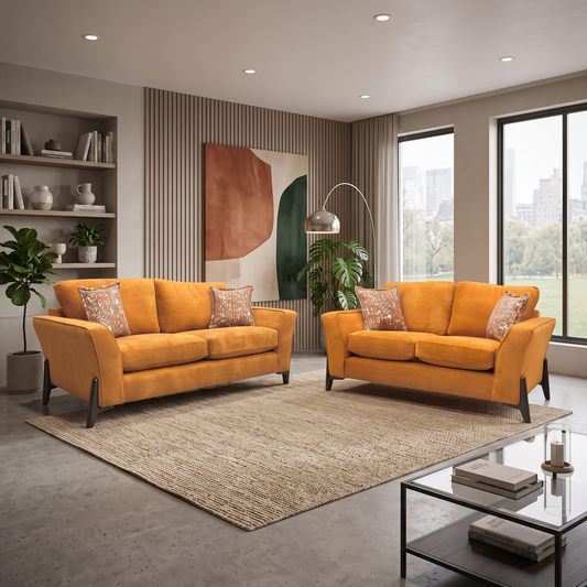 Styled upscale contemporary living room lifestyle layout featuring the Collins almond orange towel velvet 3+2 sofa set arranged as a bold, luxurious family lounge hub.