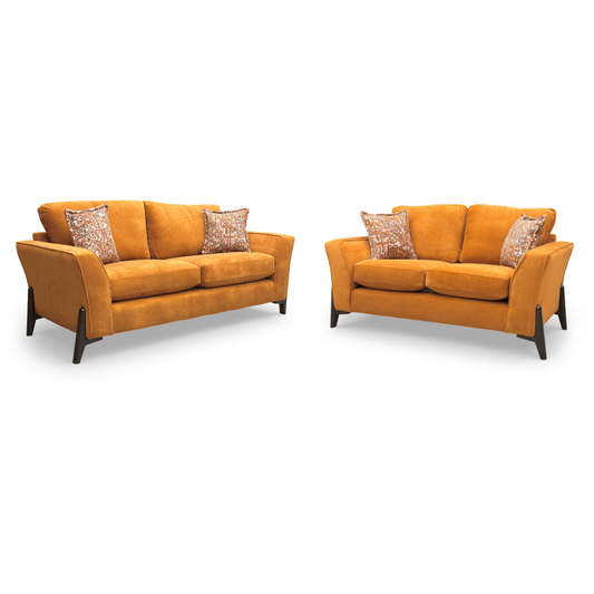 Full View ‘Collins’ contemporary living room furniture set, featuring a 3-seater sofa and a matching 2-seater sofa, beautifully upholstered in unique Almond Orange towel velvet fabric.