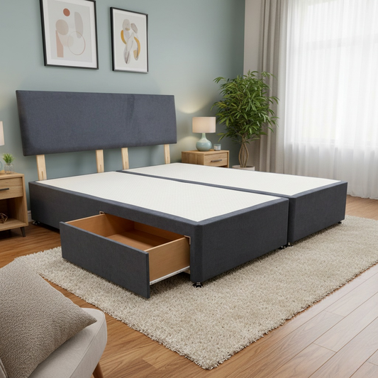 Lifestyle photo of the Roma Super King bed in a modern bedroom setting, highlighting the refined charcoal grey fabric.