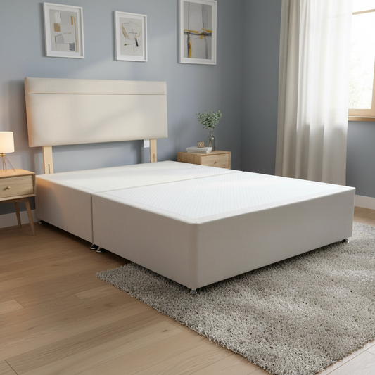 Lifestyle shot of the Capella cream fabric double bed in a bright, modern bedroom setting, showcasing its clean and timeless aesthetic.