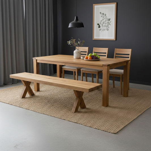 Dining Room view of the 200cm ‘Njord’ bench, highlighting the warm, aged oak tones and the sturdy Scandinavian-style X-leg design.