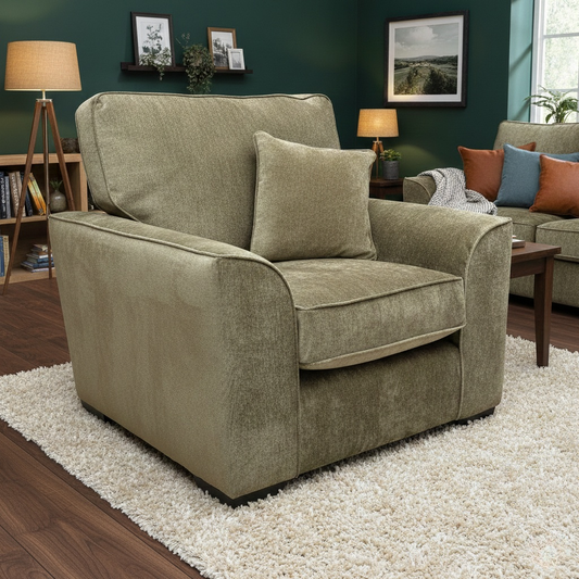 Lifestyle shot of the Harvey Olive Green armchair in a modern living space, highlighting its vibrant color and stylish proportions.