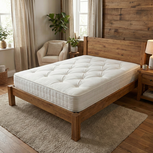 Bedroom shot of the Silentnight double mattress, highlighting the orthopaedic support layers and quilted side border.