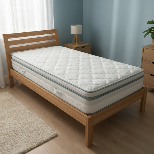 Lifestyle shot of the Silentnight single mattress, highlighting its deep 35cm profile and premium quilted design against a white background.