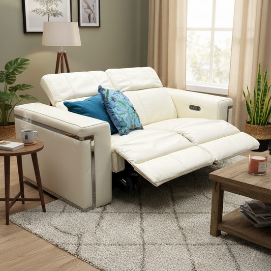 Lifestyle view of the 'Cora' 2-seater sofa in a bright living room environment, showcasing its elegant profile and sophisticated chrome accents.