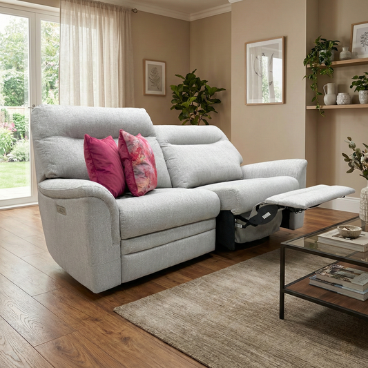 Living Room view of the Hatton Taupe 2-seater sofa, highlighting the premium tight-weave fabric and curved armrests.