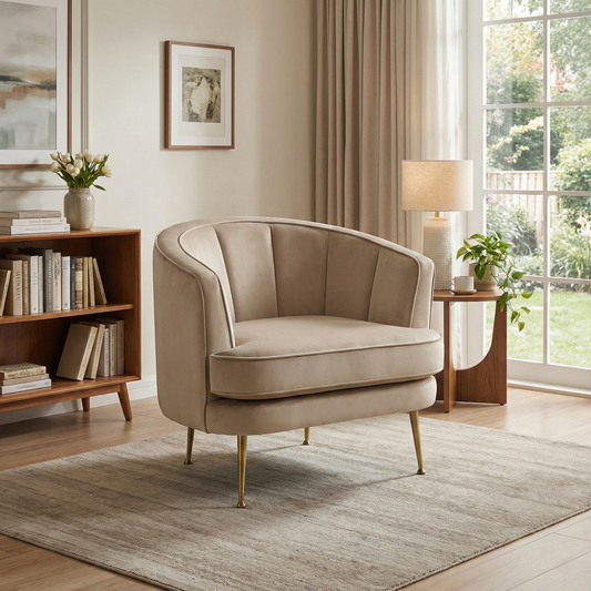 Living Room view of the latte velvet accent chair, highlighting its elegant curved armrests and boutique design.