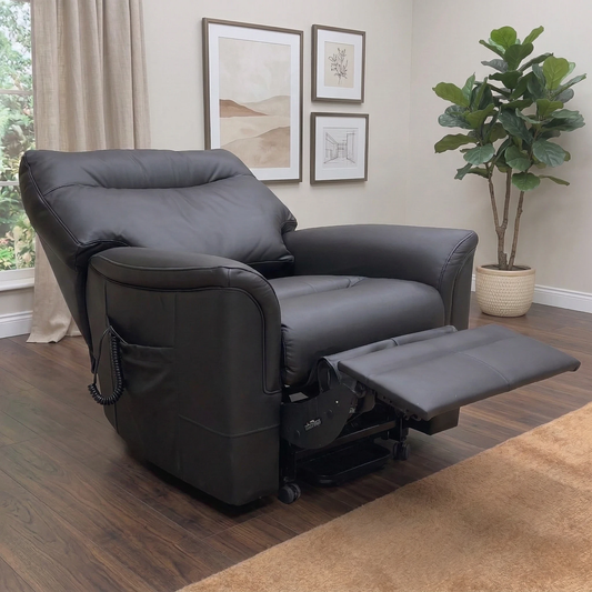 Living room view for the Hudson lift and rise chair, highlighting the 100% black leather upholstery, smooth motor mechanism, and built-in USB charging port.