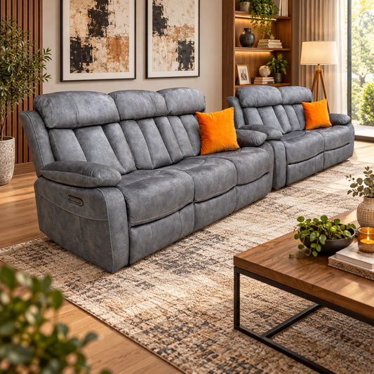 Merrion charcoal fabric 3 + 2 seater recliner set in a living room with a patterned rug and wooden coffee table