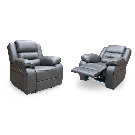 Full View ‘Vegas’ contemporary power recliner armchairs, showing a matching set of 2 individual chairs beautifully upholstered in a durable, high-grade charcoal grey microfibre.
