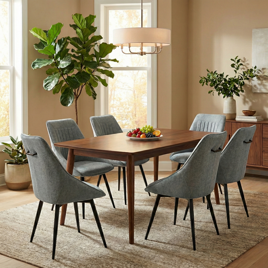 Dining Room view of the 'Crete' dining chair highlighting the elegant curved silhouette and matte black legs.
