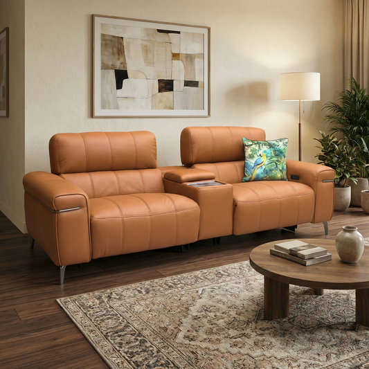 World of Leather ‘Homestage’ Nc-334e Pecan Brown Leather 3 Seater Power Recliner Sofa With Media Console And Power Headrests