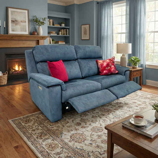 Living Room view of the 3-seater indigo sofa highlighting the sleek contemporary design and plush velvet finish.