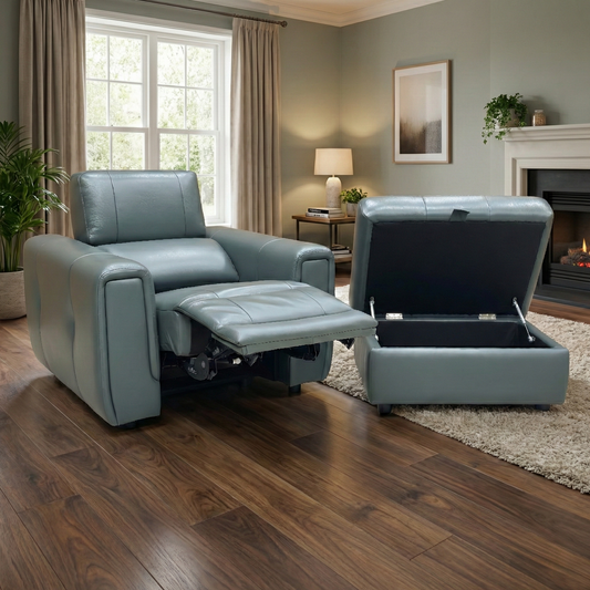 Living Room view highlighting the premium lake green leather finish and sleek contemporary design of the armchair set.