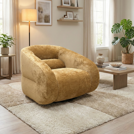 Living Room view of the mustard yellow swivel chair, highlighting its compact design and deep-cushioned seating.