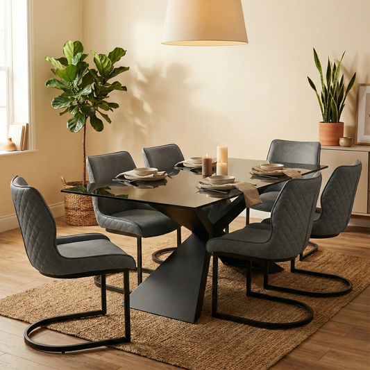 Dining Room view of the ‘Cupra’ dining chairs highlighting the slim profile and sleek black powder-coated metal frame.