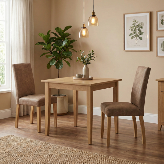 Dining Room view of the Augusta dining chair highlighting the curved high-back design and taupe nubuck-look fabric.