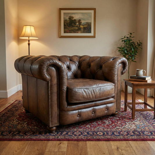 Living Room view of the saddle leather Chesterfield armchair, highlighting its classic rolled arms and vintage aesthetic.
