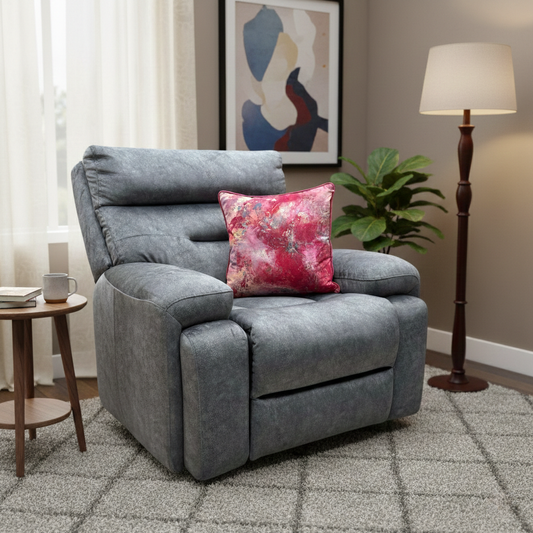 Living Room view of the marble dark grey velvet chair highlighting its generous body-hugging curves.