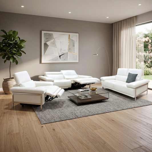 Nicoletti ‘Theron’ Torello Bianco Puro 370 Leather Set: 3 + 2 Seater Sofa & Chair with Power Recliner