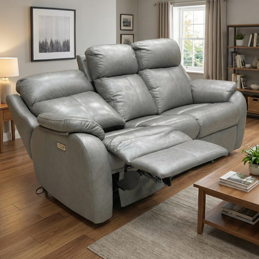 Living Room view of the dark grey leather 3-seater sofa, highlighting its modern silhouette and high-back design.
