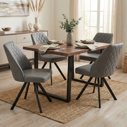 Dining Room view of a ‘Jupiter’ dining chairs highlighting the 360-degree swivel base and curved back.