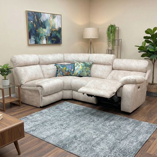 Living room view of the Maureen corner sofa in Dapple Cream, showcasing the expansive seating area and the sophisticated tufted backrest design.