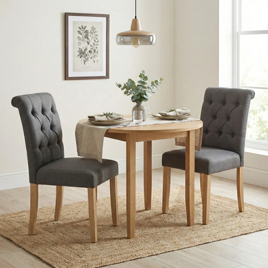 Dining Room view of the Lewis dining chairs highlighting the elegant roll-back top and high-back design.