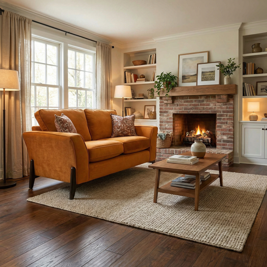 Living Room of the Almond Orange 2-seater sofa, highlighting the modern angled arm design.