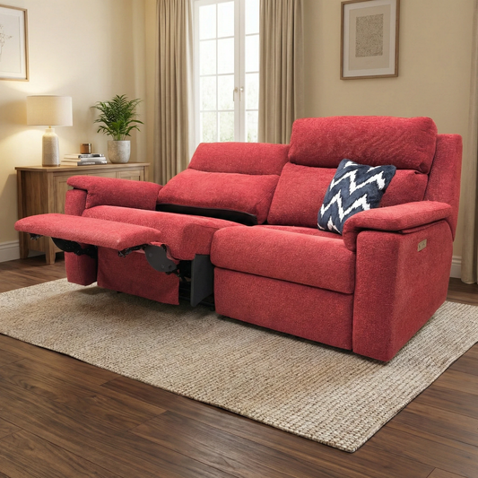 Living room of the G Plan ‘Thornbury’ sofa, highlighting the power reclining mechanism, power headrests, and power lumbar support features.