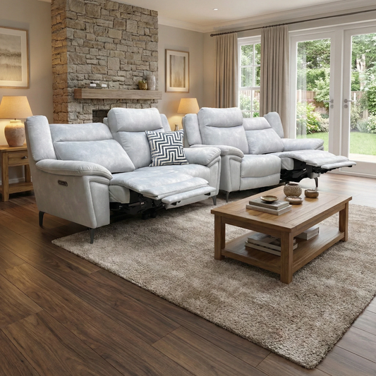 Living Room view of the 2-seater power recliner, showcasing the deep pocket-sprung seat cushions and elegant silhouette.