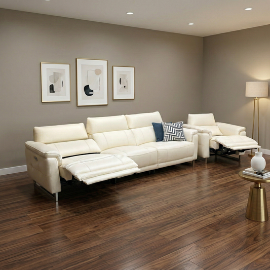 Living room view for the Moet leather sofa set, highlighting the 100% genuine Cotton White leather, power reclining functionality, and adjustable telescopic headrests.