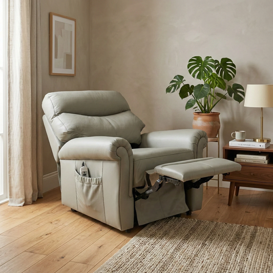Living Room view of the Cambridge Olive leather chair showing the elegant scroll arms and piping detail.