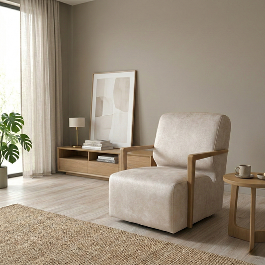 Living room of the Aura Kenzo swivel chair, highlighting the high-performance DuoFlex seat cushioning and handcrafted UK quality.