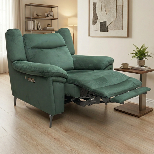 Living Room view of the Panache armchair highlighting the sleek open-base design and metal legs.
