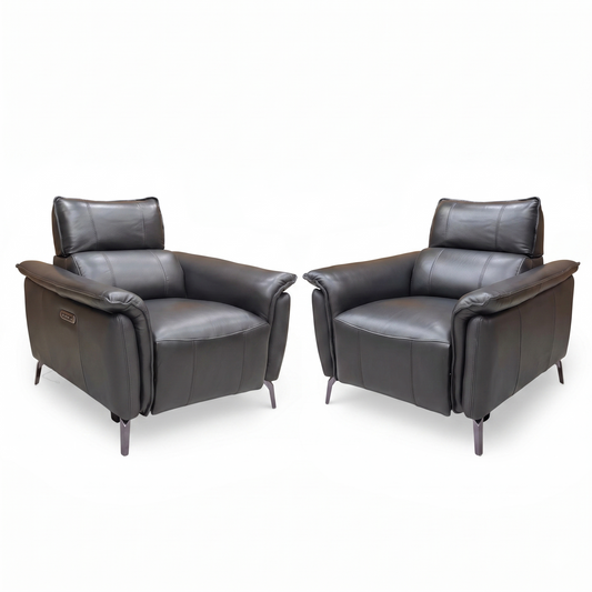 Full View ‘Jude’ contemporary power recliner armchairs, showcasing a matching set beautifully upholstered in Category 40-23 Oslo Jet Black leather.