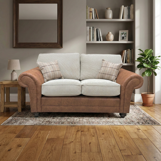 Living room view of the Charles sofa in Oatmeal, showcasing the spacious two-cushion seating area and the elegant textured finish of the combination fabric.