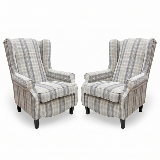 ‘Shirley’ Taupe and Grey Combination Checkered Pattern Tight Weave Winchester Fabric Large Accent Chairs - Set of 2